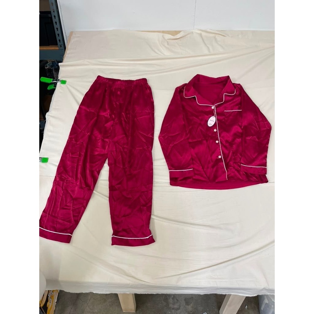 Samring Magenta Pink Satin Pajama Set Long Sleeve Button Down Sleepwear Small